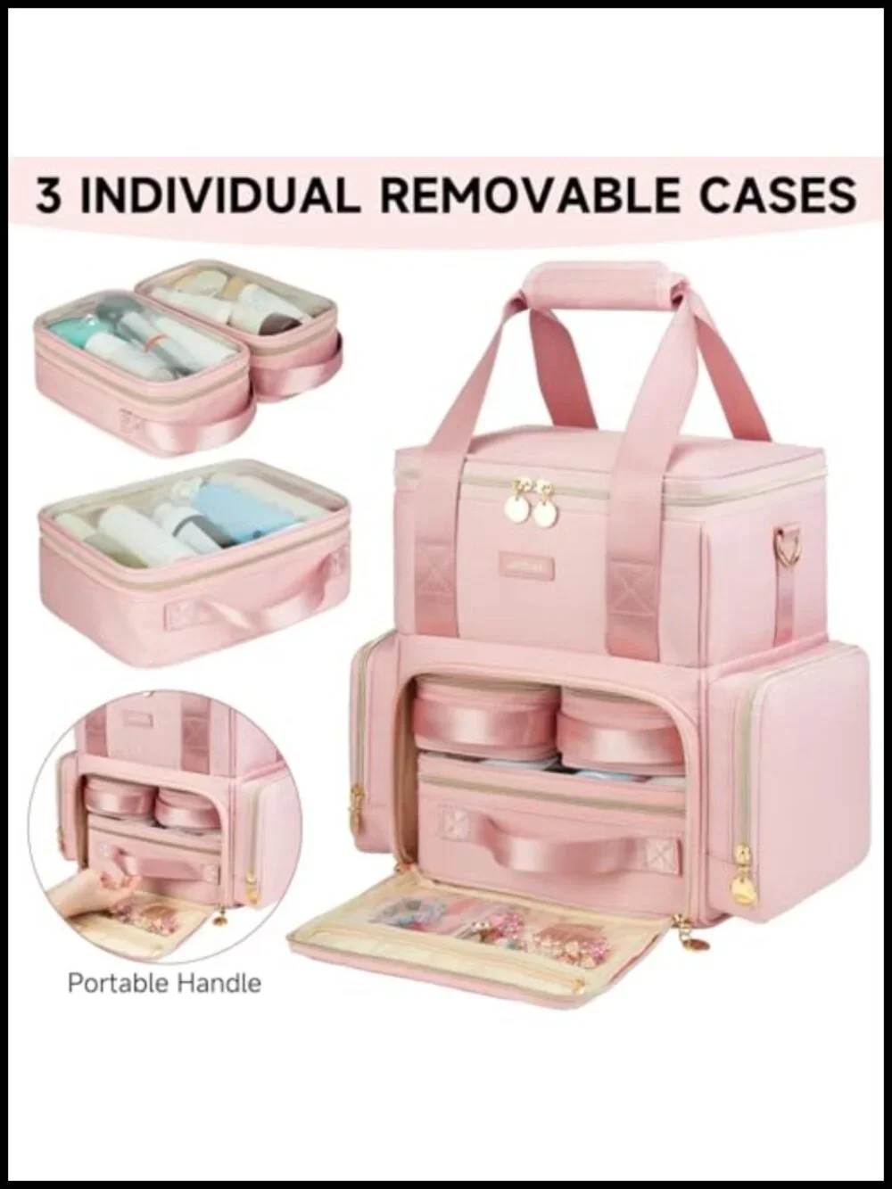 Extra Large Makeup Bag with 3 Detachable Pouches and Dividers